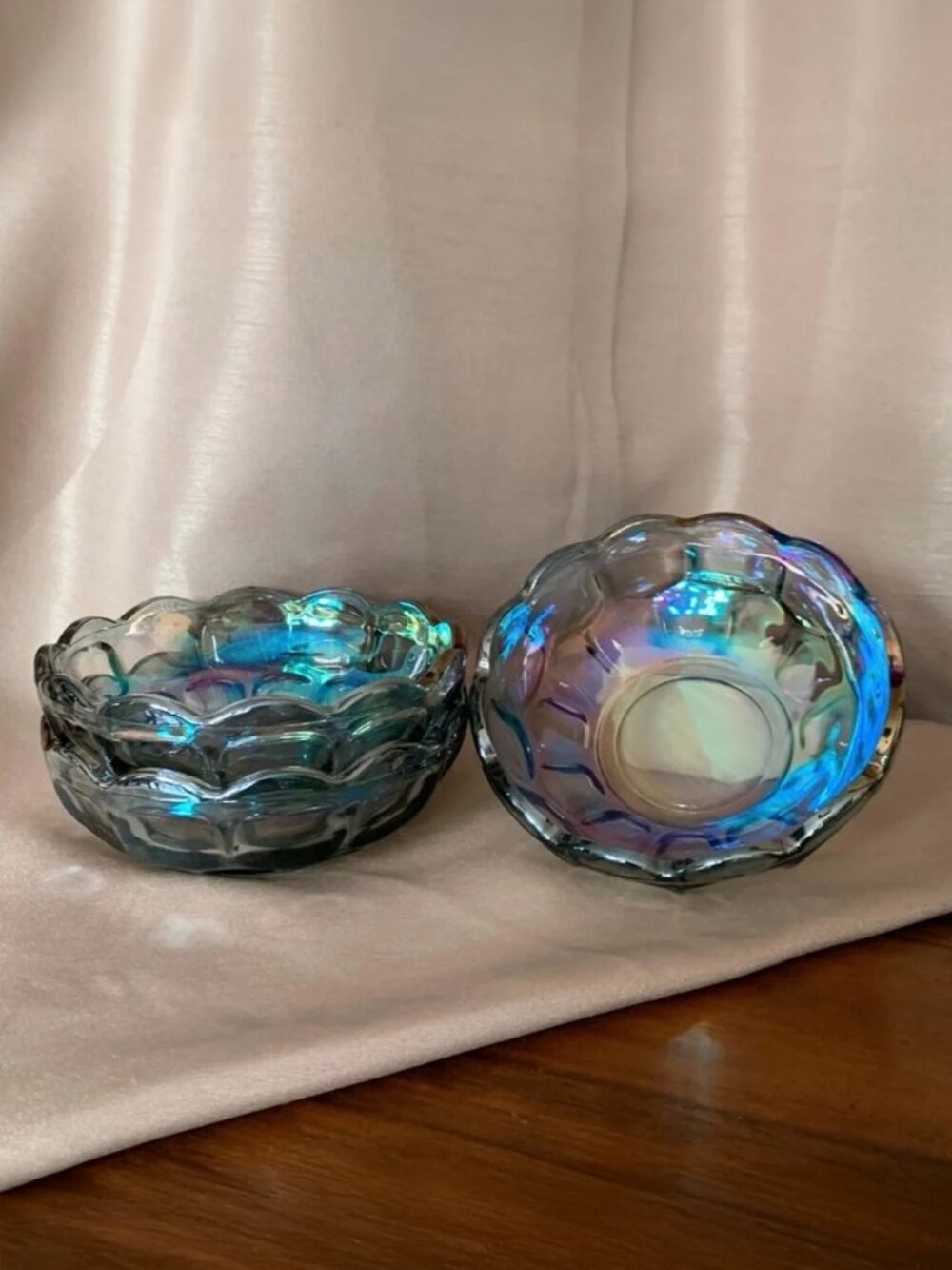Vintage Scalloped Smokey Iridescent Federal Carnival Glass Bowls Set x3